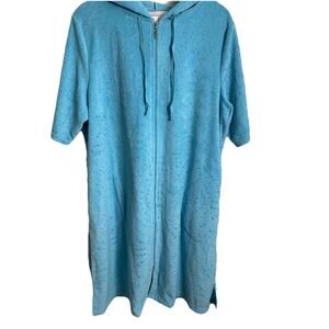 Stan Herman Blue Plush Short Sleeve Hood Zip Bathrobe Lounger Pockets Size Large